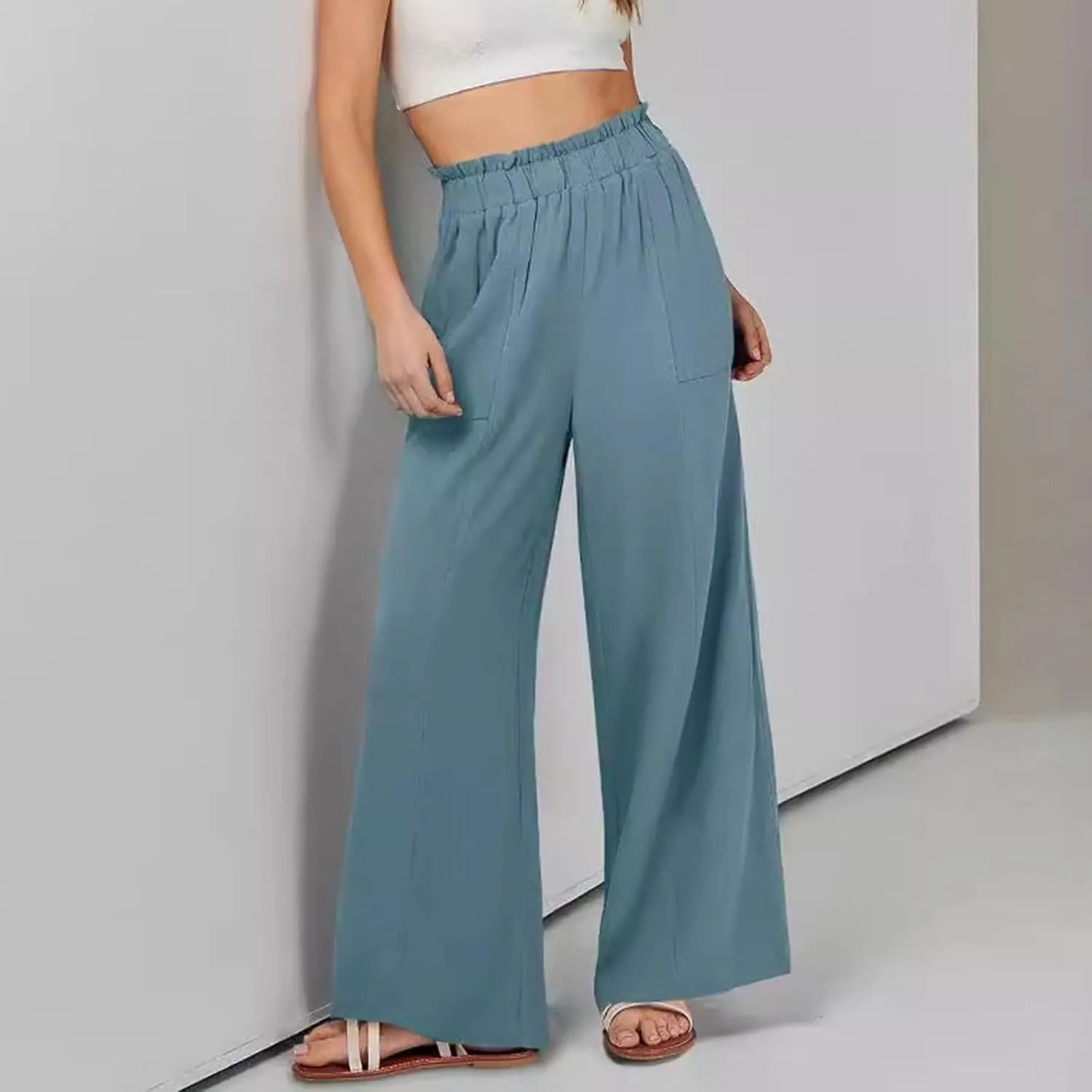 Womens Linen Pants 2025 Summer Casual Loose Wide Leg Palazzo Pants Spring High Waist Flowy Beach Trendy Outfits