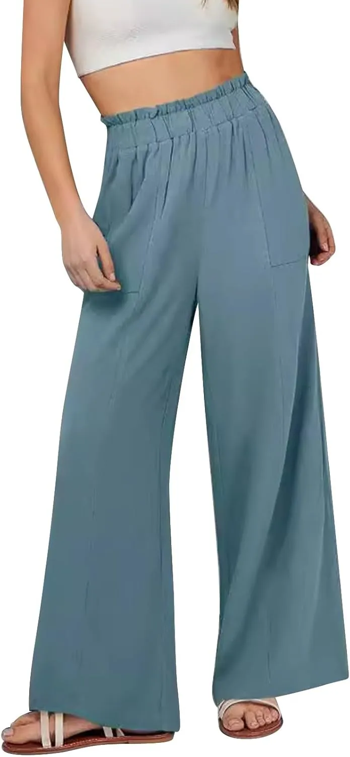 Womens Linen Pants 2025 Summer Casual Loose Wide Leg Palazzo Pants Spring High Waist Flowy Beach Trendy Outfits