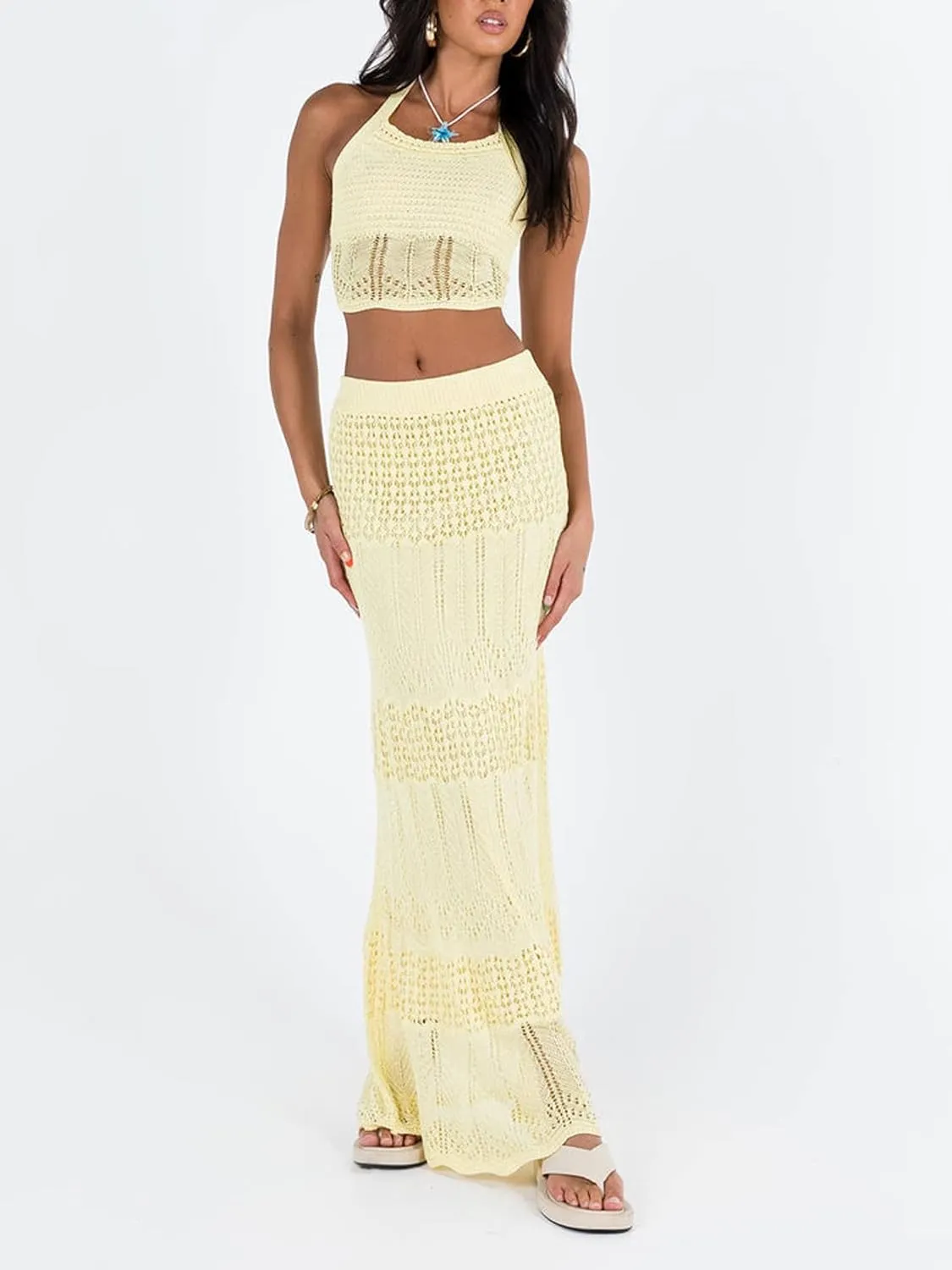 Women's Sexy Crochet Knit 2 Piece Skirt Sets Bodycon Maxi Dress Sleeveless Tank Shirt Tops High Waist Slit Long Dress