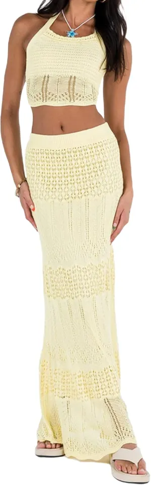 Women's Sexy Crochet Knit 2 Piece Skirt Sets Bodycon Maxi Dress Sleeveless Tank Shirt Tops High Waist Slit Long Dress