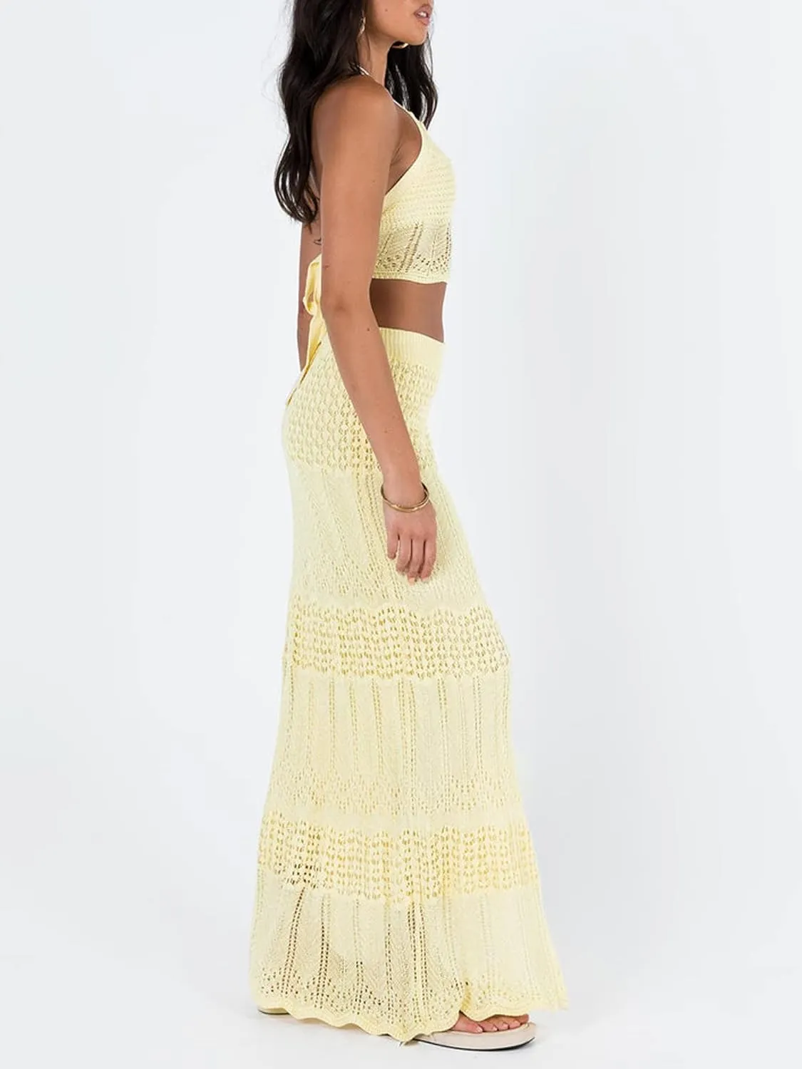 Women's Sexy Crochet Knit 2 Piece Skirt Sets Bodycon Maxi Dress Sleeveless Tank Shirt Tops High Waist Slit Long Dress