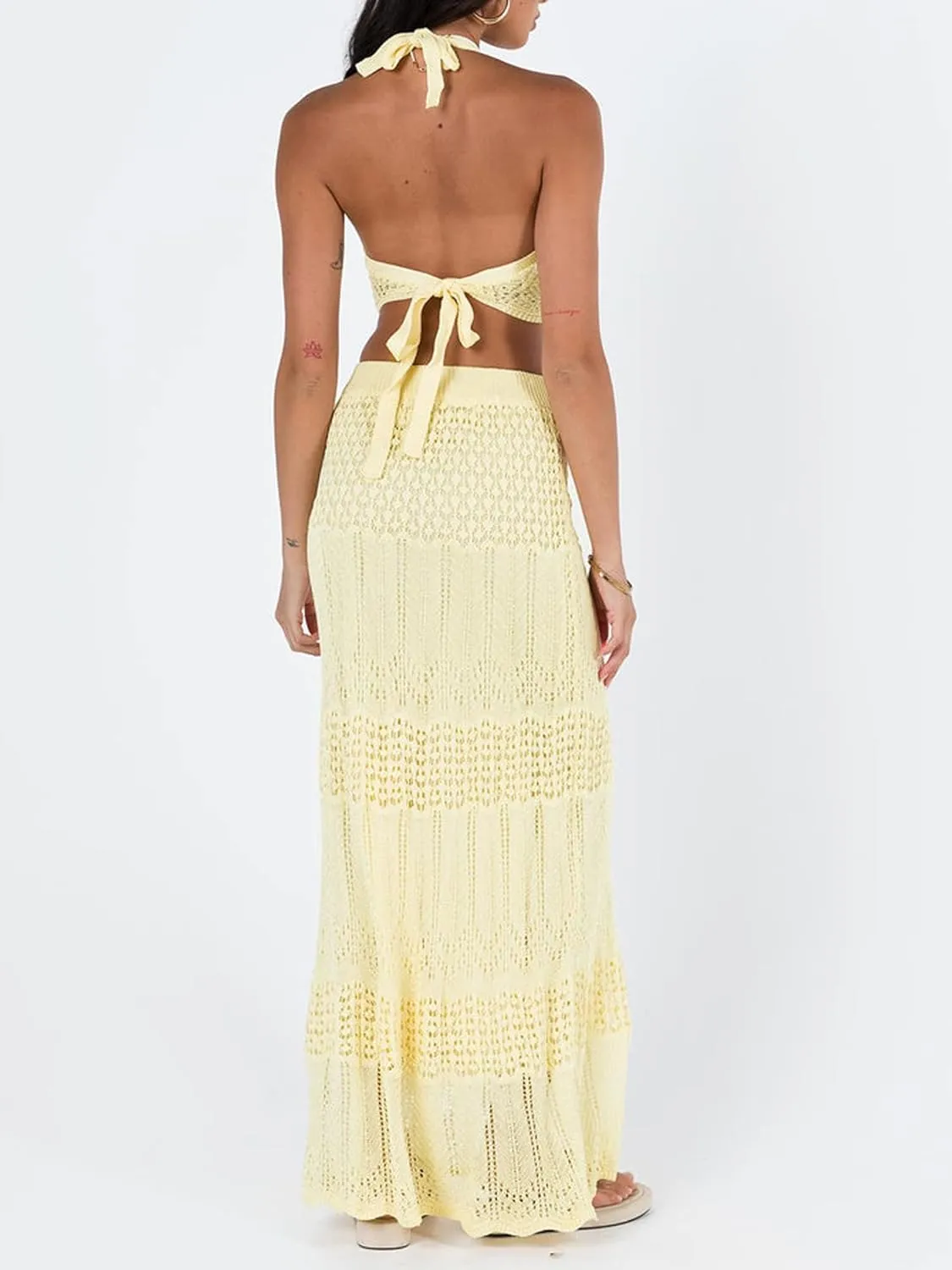 Women's Sexy Crochet Knit 2 Piece Skirt Sets Bodycon Maxi Dress Sleeveless Tank Shirt Tops High Waist Slit Long Dress