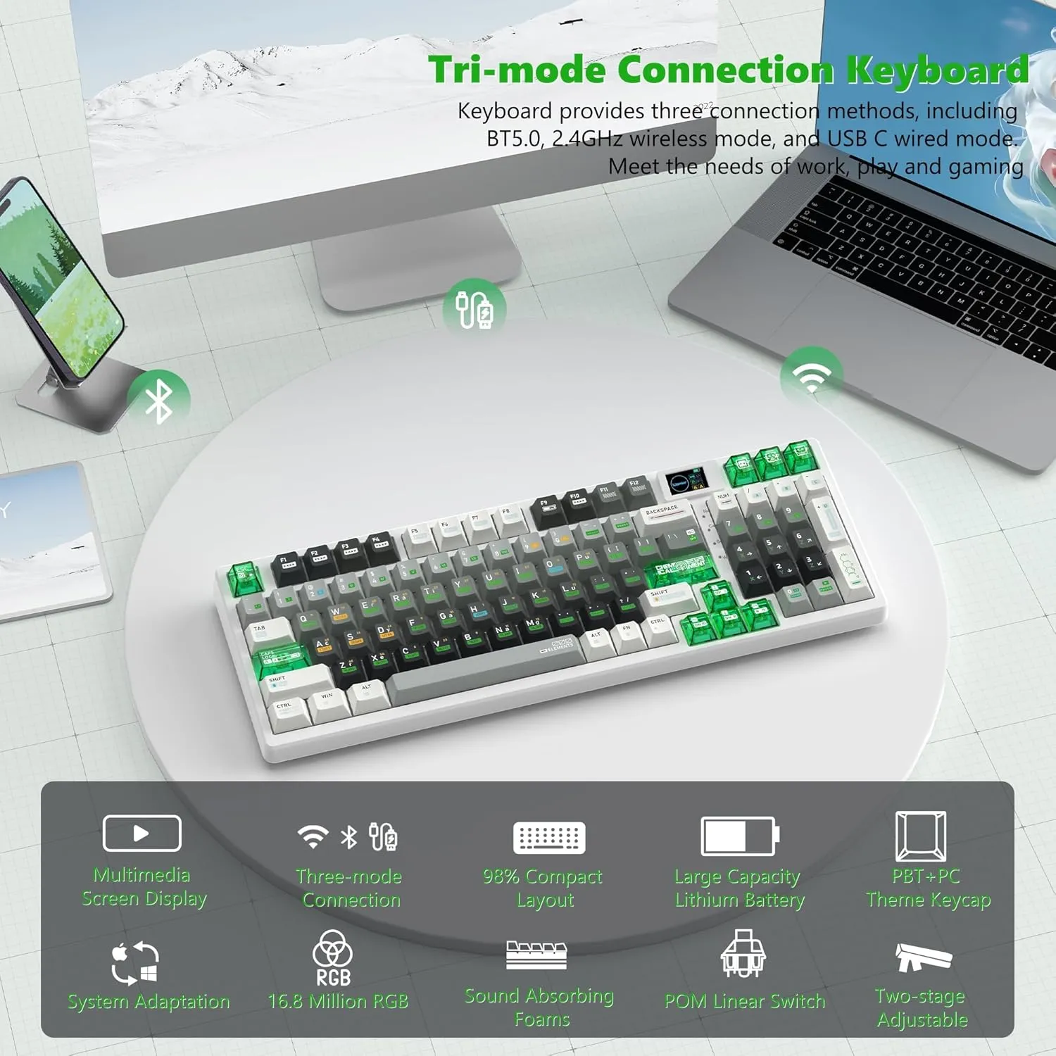 Womier M90 Creamy Keyboard with Number Pad, Wireless Gaming Mechanical Keyboard & Multimedia Display, Hot Swappable Custom Key Board RGB,POM Linear Switch,PBT Keycaps for PC/Xbox/PS4/PS5-White