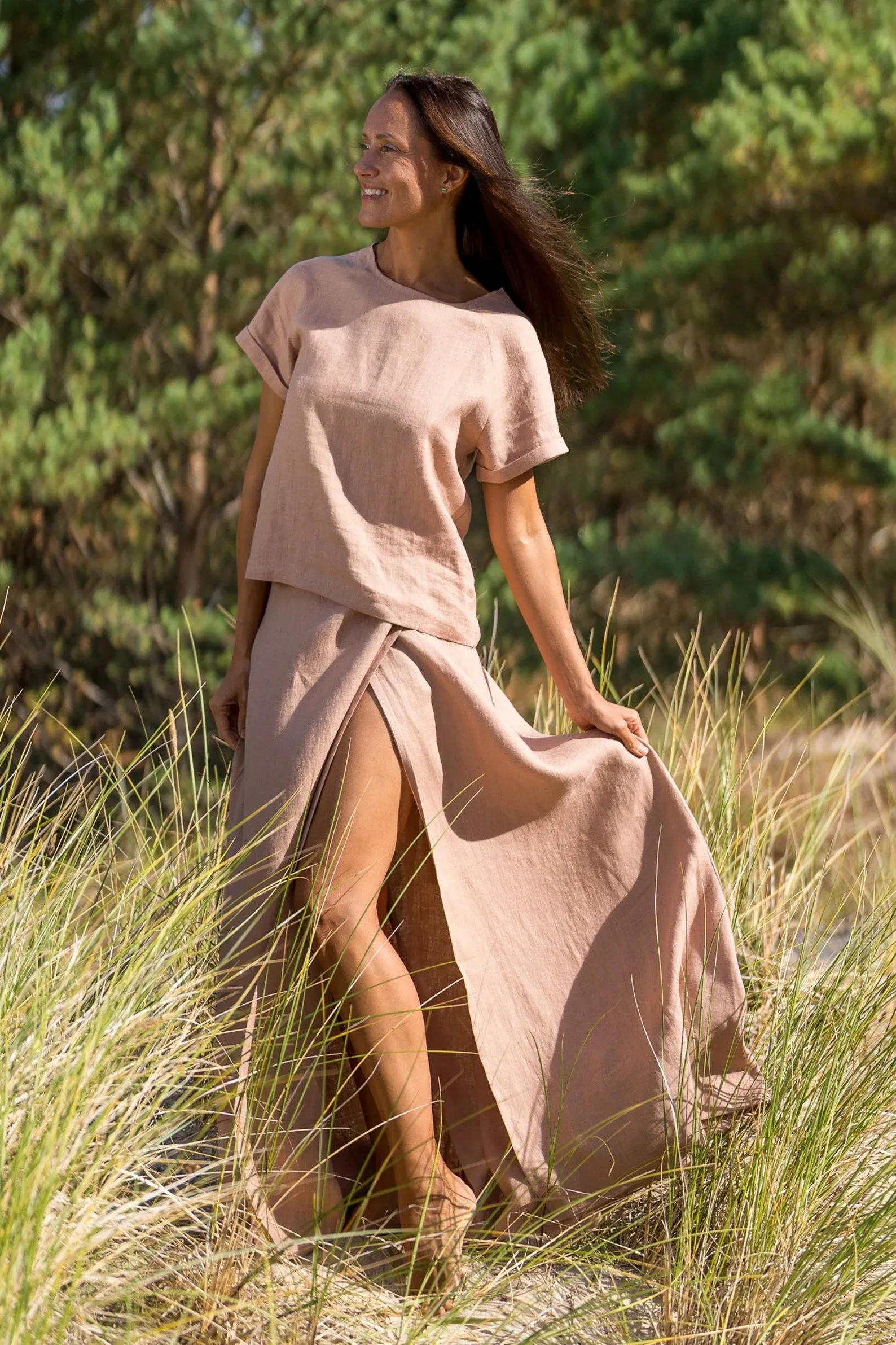 Wrap Linen MAXI Skirt In Powder