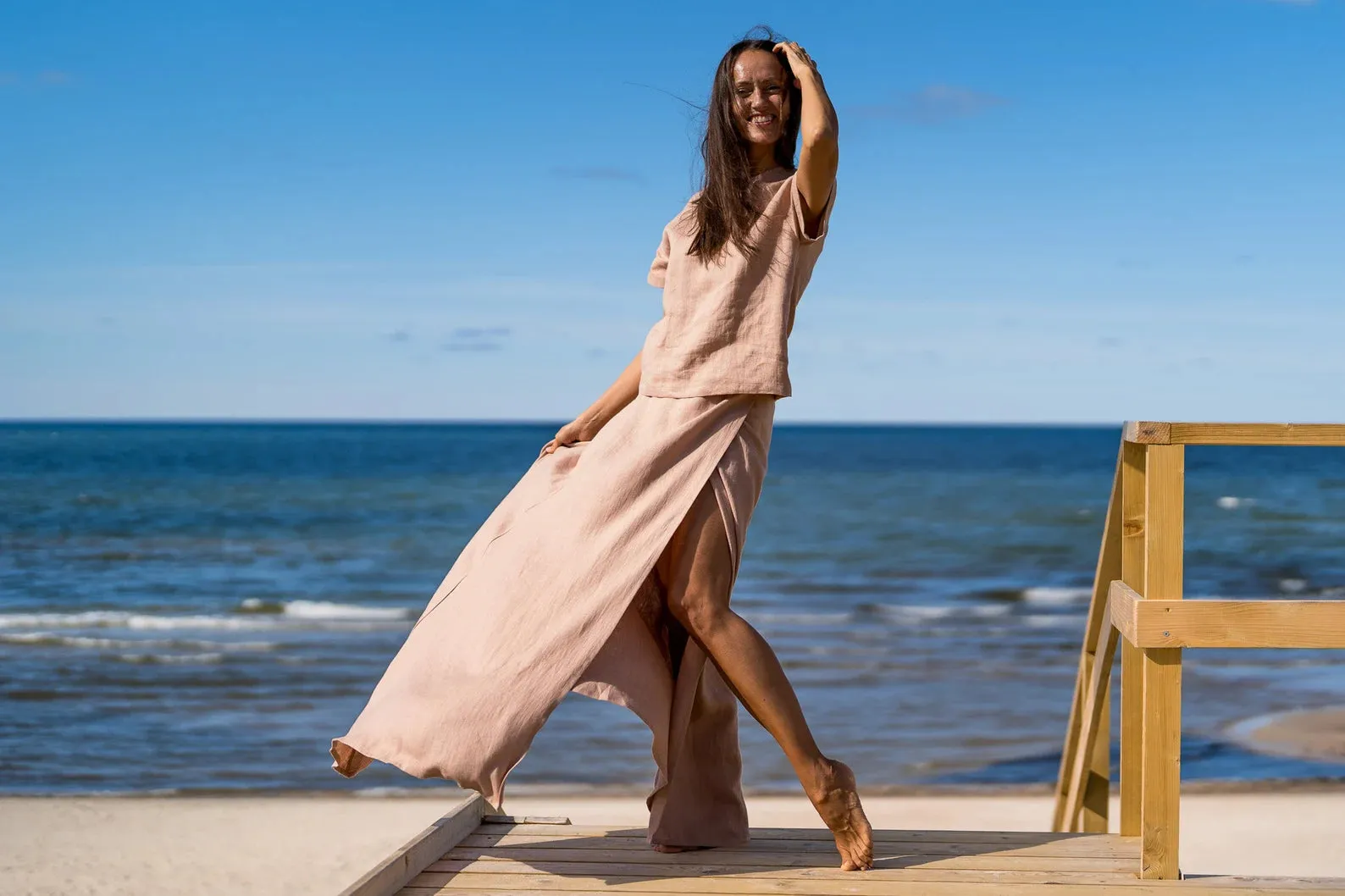 Wrap Linen MAXI Skirt In Powder