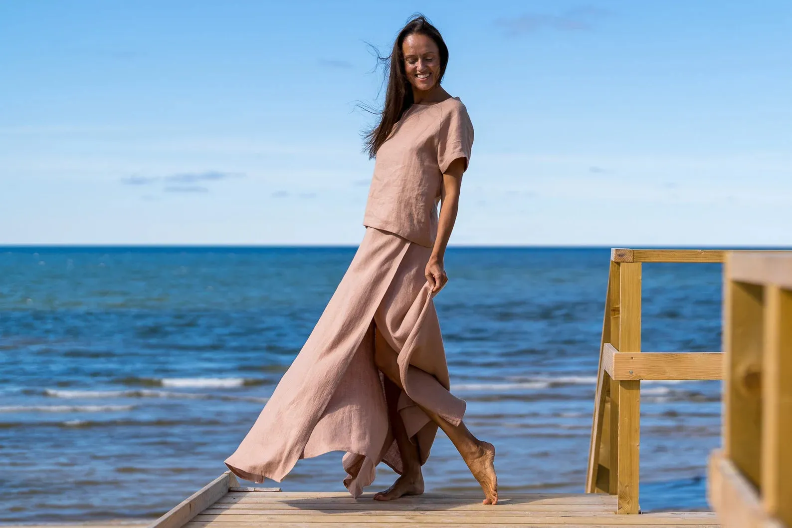 Wrap Linen MAXI Skirt In Powder