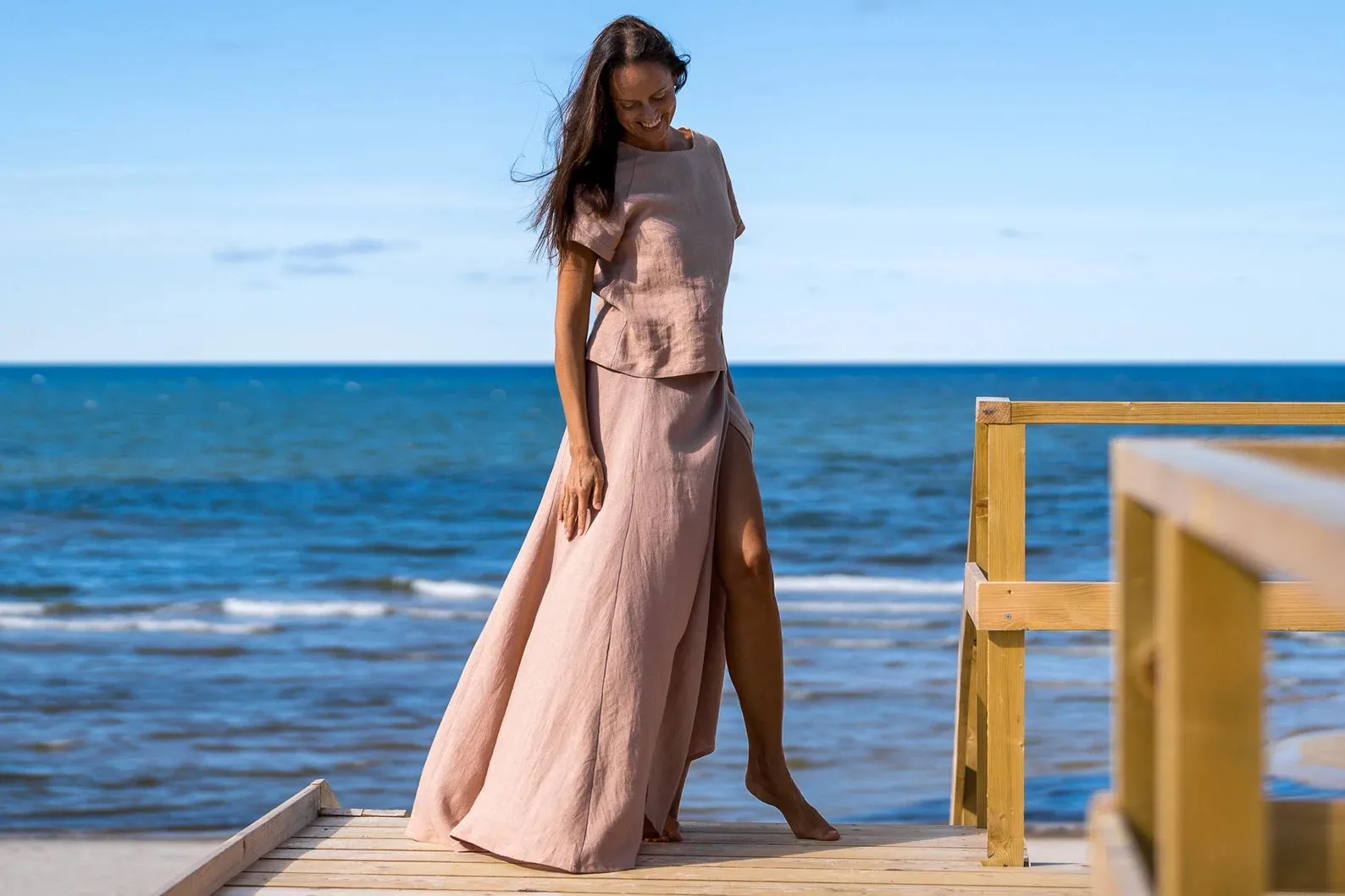 Wrap Linen MAXI Skirt In Powder