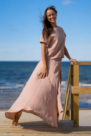 Wrap Linen MAXI Skirt In Powder