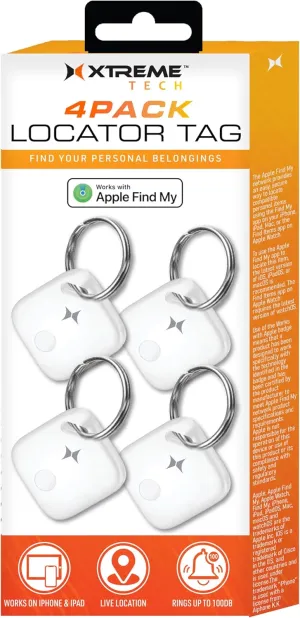 Xtreme Locator Tag 4-Pack Compatible with Apple Find My App (iOS only) Bluetooth Item Finder with Keychain, Key Finder, Live Location Tracker, 100dB Alert Ring, for Wallet, Keys, Pets, & Suitcases
