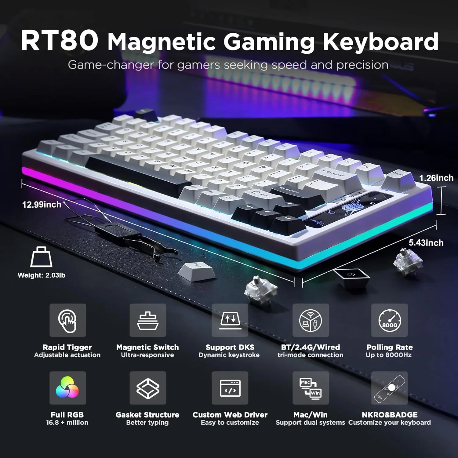 YUNZII RT80 Rapid Trigger Hall Effect Magnetic Gaming Keyboard, 8K Polling Rate, 75% Layout,BT/2.4GHz/Wired,RGB Backlit,Hot Swap,Adjustable Actuation Wireless for Win/Mac(White, Gateron White)