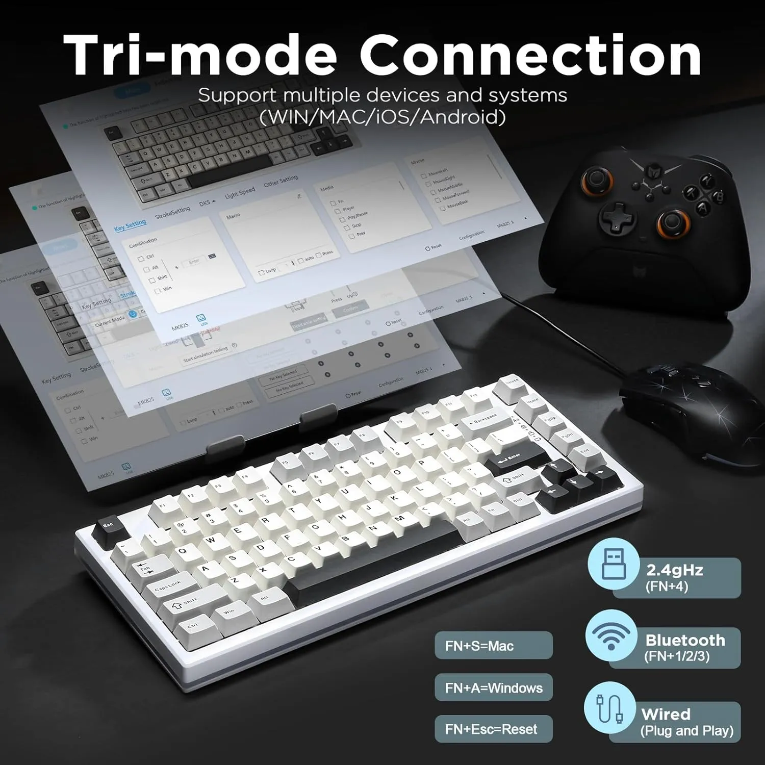 YUNZII RT80 Rapid Trigger Hall Effect Magnetic Gaming Keyboard, 8K Polling Rate, 75% Layout,BT/2.4GHz/Wired,RGB Backlit,Hot Swap,Adjustable Actuation Wireless for Win/Mac(White, Gateron White)