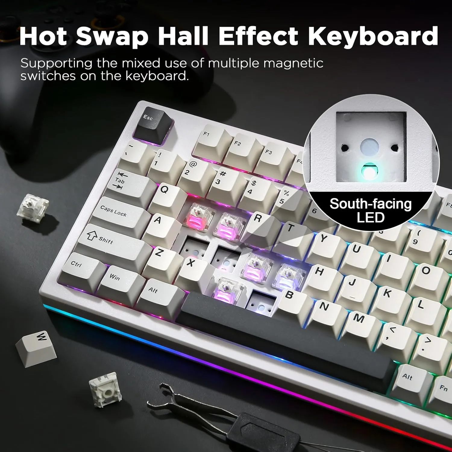 YUNZII RT80 Rapid Trigger Hall Effect Magnetic Gaming Keyboard, 8K Polling Rate, 75% Layout,BT/2.4GHz/Wired,RGB Backlit,Hot Swap,Adjustable Actuation Wireless for Win/Mac(White, Gateron White)