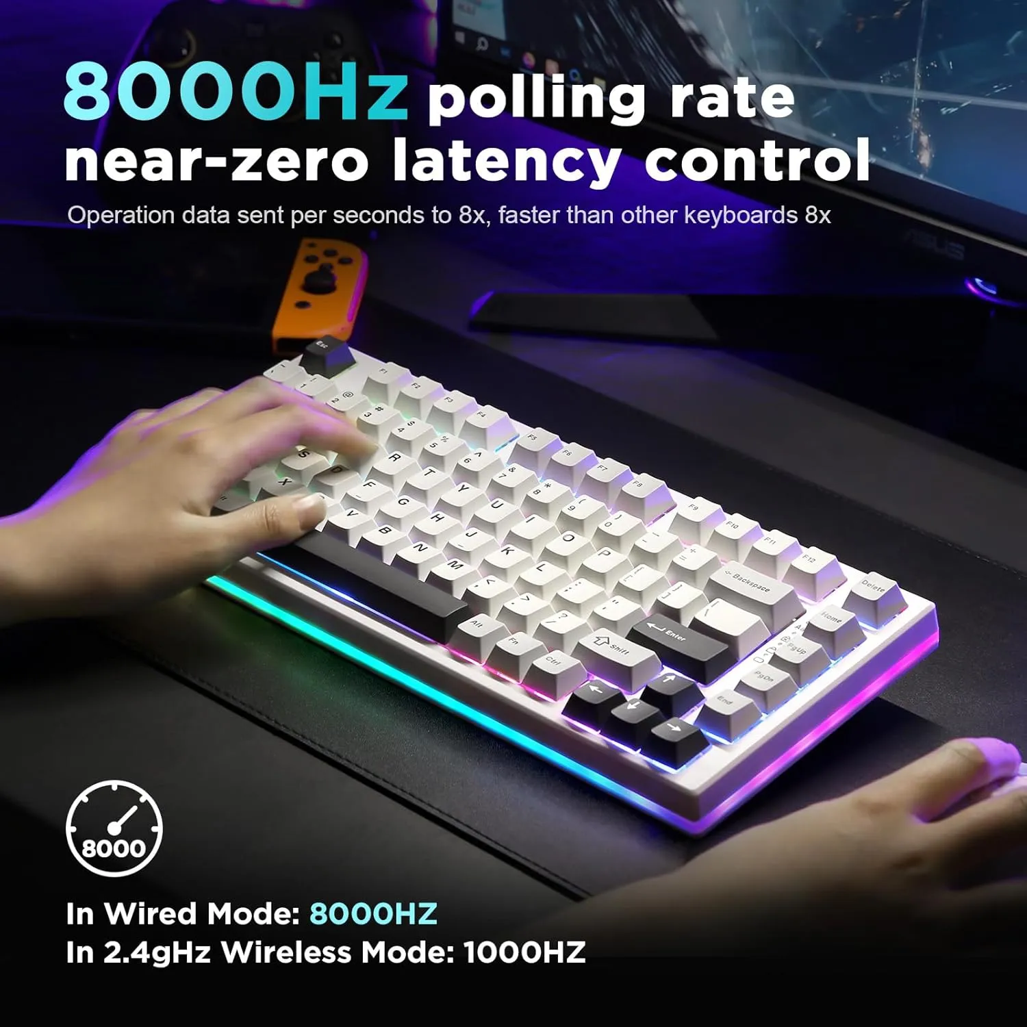 YUNZII RT80 Rapid Trigger Hall Effect Magnetic Gaming Keyboard, 8K Polling Rate, 75% Layout,BT/2.4GHz/Wired,RGB Backlit,Hot Swap,Adjustable Actuation Wireless for Win/Mac(White, Gateron White)