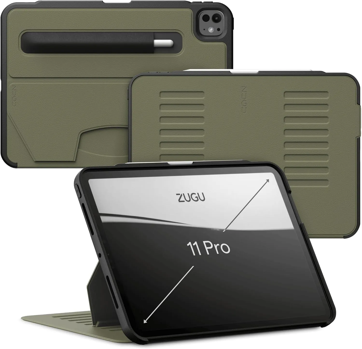 Zugu Case for iPad Pro 11 (M4) 2024, Slim Protective Cover with Apple Pencil Holder, Auto Wake/Sleep, Multiple Viewing Angles, iPad Pro 11 Inch Cover, Phone Protector, Olive Green